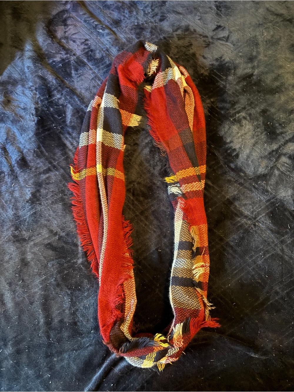 Classic Red & Navy Plaid Frayed Infinity Scarf
